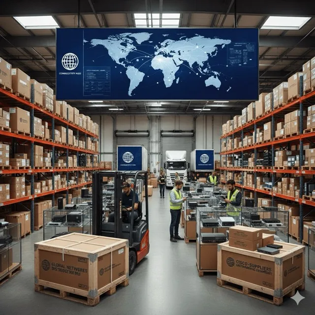 A wide interior view of a large, high-tech distribution warehouse for networking equipment. Shelves packed with stacked boxes line the walls. In the foreground, there are wooden crates and glass display cases showing networking gear like routers and switches. A forklift is visible, and several workers in high-visibility vests are sorting products or operating machinery. Suspended overhead is a large digital screen displaying a stylized blue world map with glowing lines illustrating a global connectivity network. The wooden crates in the foreground have text referencing networking equipment distribution.